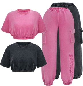 บริการ OEM ผู้หญิงที่กําหนดเองชุดวินเทจหินกรดล้างเฮฟวี่เวท Sweatsuit เสื้อครอปที่กําหนดเองและกางเกงวอร์มสองชิ้นสําหรับสุภาพสตรี - Product Image 1