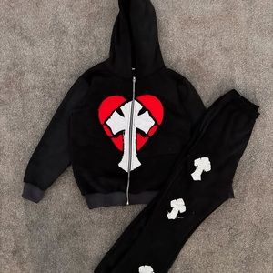 100% algodón personalizado chándal pesado GSM desgastado bordado trabajo de gran tamaño desgastado Zip up Sudadera con capucha y pantalón - Product Image 5
