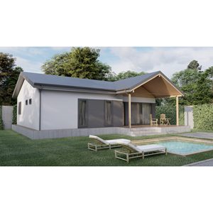 Villa moderna de una sola planta con estructura de acero, exterior blanco, con porche de madera y área de piscina. - Product Image 1