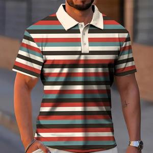Jersey estampado 3D de rayas coloridas para hombre, patrón de bloque de Color geométrico, Tops de solapa informales de secado rápido, Manga corta suelta - Product Image 2