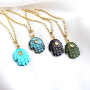 Hamsa piedra tallada a mano turquesa encanto colgante collar piedra preciosa Natural colgante espiritual doble piedra encanto al por mayor - Product Image 2
