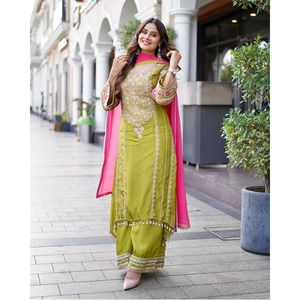 Conjunto de pantalón Kurta de seda Vichitra para mujer con secuencia bordada trabajo espejo Real Organza Dupatta exportación ropa India pakistaní - Product Image 1