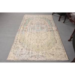 <b>Vintage</b> Classic Turkish <b>Rug</b> Beige Green 4.7x7.7ft Handmade Wool with Latex Backing Patchwork Pattern for Bedside - Product Image 1