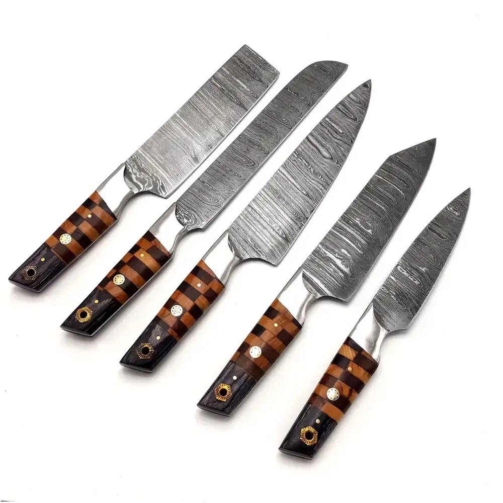 Set di coltelli da cucina professionale da 5 pezzi con Set di Chef in acciaio di damasco fornitore diretto in fabbrica di lame in acciaio di damasco