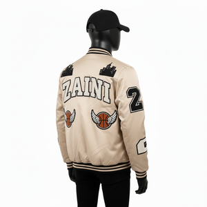 Veste universitaire en satin doux de luxe en neutre avec panneaux côtelés et design de patch brodé personnalisé Veste en satin pour hommes - Product Image 3