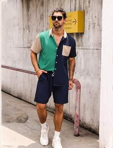 Ensembles courts d'été décontractés pour hommes Chemise boutonnée et short à manches courtes contrastées Ensemble 2 pièces Survêtement - Product Image 4