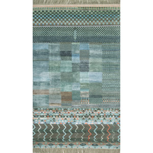 Tapis rectangulaire fait main en laine et soie de bambou Manchaha Green, noué à la main, 10 mm, patchwork, pour couloir et intérieur, modèle Les-2440 - Product Image 1