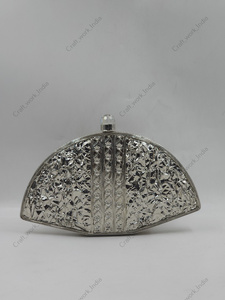 Fan Shape Mother of Pearl Panelled <b>Clutch</b> with Pearl Crystal Inlay <b>Silver</b> Frame Handmade Evening Party <b>Bag</b> <b>for</b> Women - Product Image 4