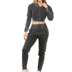 Chándal de dos piezas recortado con cremallera para mujer con logotipo personalizado Vintage lavado ácido 100% algodón polar 400 Gsm Sudadera con capucha de longitud corta para invierno - Product Image 5