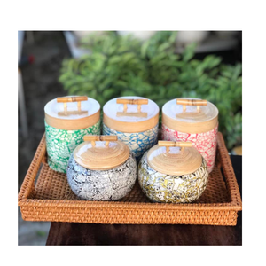 Pot de rangement chic en bambou pour noix et bonbons avec motifs en mosaïque de coquille d'œuf, décoration unique du Nouvel An lunaire et récipient traditionnel pour bonbons - Product Image 2