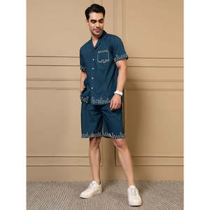 Amanush <b>Men's</b> Teal Blue Solid Cotton Co-ord Set Notched Collar Shirt Embroidered Shorts Lace Details Breathable Casual Summer - Product Image 1