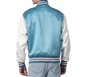 Chaqueta Bomber Varsity de satén azul cielo claro para hombre con mangas blancas en la parte delantera, parches de sarga con botones a presión personalizados, logotipo de letras de chenilla - Product Image 3