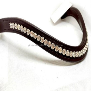 Ustom-banda para la frente de cuero de caballo, banda suave acolchada en negro o marrón con diseño curvo y cristales ostentosos de estilo floral dorado - Product Image 1