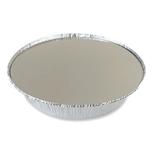Boardwalk 48 Oz. 9 pulgadas. X 1.66 pulgadas Contenedores Redondos Desechables de Aluminio para Llevar con Tapa de Papel de Aluminio Plateado - 200 Unidades/Caja - Product Image 2