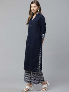Conjunto de Kurta Recta de Algodón para Mujer, Corte Regular, Largo hasta el Tobillo, Secado Rápido, con Palazzo, Estilo Formal para Verano, en Tejido Slub y Cambric - Product Image 2
