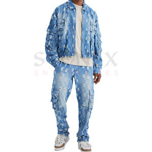 ชุดสูทผ้ายีนส์สำหรับผู้ชายชุดเสื้อแจ็กเก็ตและกางเกงยีนส์สำหรับออกกำลังกายสองชิ้นแฟชั่นงานตามสั่ง - Product Image 1