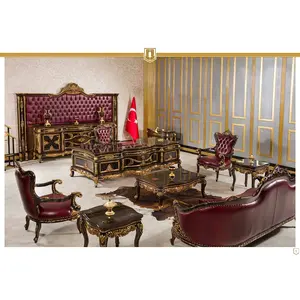 Klasik el yapımı kraliyet ofis mobilyaları lüks başkan müdürü masası katı ahşap türk kahverengi deri altın prim en iyi satmak