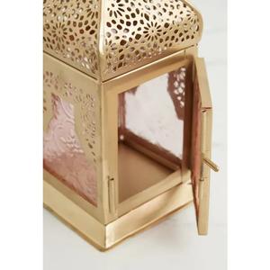 Lot de 2 lanternes à bougie marocaines en métal pour le Ramadan et l'Aïd avec lanternes suspendues et au sol en verre couleur pêche - Product Image 3