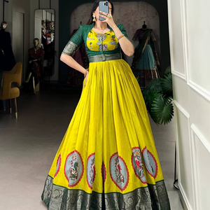 Yellow-Green Cotton Lehenga Choli Set <b>Gota</b> Patti Embellished Navratri Outfit Festive Chaniya Choli Garba Wear for Parties - Product Image 1