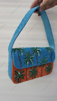 Sac à main perlé motif palmier tropical, pochette de soirée moderne de luxe naturel bleu orange, sac de fête et de mariage grande capacité pour femme