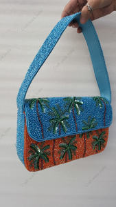 tropical palm tree beaded <b>handbag</b> Indian fully handcrafted luxury blue orange evening clutch purse <b>for</b> women party <b>wedding</b> bag - Product Image 4