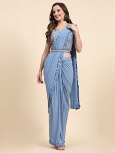 Sari de Georgette Elástica de Diseño Tradicional con Bordado de Lentejuelas, Listo para Usar, para Ocasiones Especiales - Product Image 5