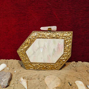 Asymmetrical Mother of <b>Pearl</b> <b>Clutch</b> with Hammered Gold Frame and Crystal Stone Clasp Luxury Evening Statement <b>clutch</b> bag - Product Image 1