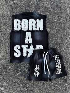 Vintage Applique Boxy Set Deux Pièces Shorts Set Sérigraphie Tee Distressed Patch Sleeve Moins T-Shirt & Shorts Set - Product Image 5