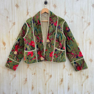 เสื้อแจ็กเก็ตฤดูหนาวพิมพ์ลายกิโมโนผ้ากำมะหยี่อินเดียทำด้วยมือสำหรับผู้หญิงกระดุมผ้าลำลองย้อมสีอย่างดี - Product Image 1