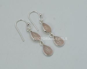 925 <b>Solid</b> Sterling <b>Silver</b> Pink Rose Quartz January Month Birthstone Two Stone Hook <b>Earring</b> - Product Image 1