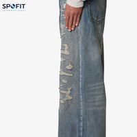 Jean en denim brodé délavé pour homme, coupe droite ample et large, respirant, style urbain, prix abordable