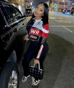 À la mode femmes recadrée Moto Racing veste peau de mouton imprimé couleur bloc Streetwear manteau Logo patchs respirant élégant décontracté - Product Image 2