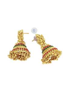Pendientes Jhumka de Alta Calidad, Chapados en Oro, con Cristales y Diamantes de Imitación, Estilo Étnico Tradicional del Sur de la India, Set de Joyería para Novia - Product Image 4