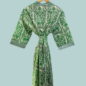Robe kimono en coton vert imprimée à la main, grande taille, pour femme, peignoir floral léger, vêtement de détente - Product Image 1