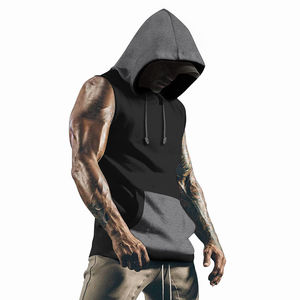 Sweat à capuche sans manches en coton mélangé pour hommes avec fermeture éclair Gilet d'entraînement personnalisé brodé de patchs de couleur unie Sweats à capuche sans manches - Product Image 1