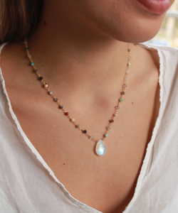 Rainbow Moonstone Pear Gemstone Beaded Chain Necklace Bohemian 925 <b>Sterling</b> <b>Silver</b> Gold Plated Handmade Pendant Necklace Jewelry - Product Image 4