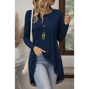 Blusa de Viscosa de Manga Larga con Cuello Redondo y Dobladillo Asimétrico con Delicado Detalle de Encaje para Mujer, Modelo 31743, de Jane's - Product Image 1