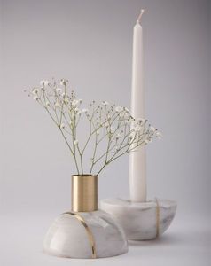 Round Marble Ikebana <b>Vase</b> with Brass Stand Modern Minimalist Decorative Stone Flower Holder Contemporary Floral Display Pot - Product Image 2