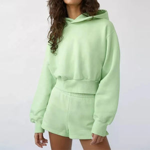 Conjuntos de pantalones cortos con capucha de algodón cómodos personalizados para mujer Patrón de estampado pesado Serigrafía en blanco Ropa cómoda para mujer - Product Image 6