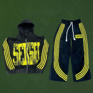 Sudadera con capucha y cremallera con lavado ácido personalizada para hombre, conjunto de Jogger con estampado de hojaldre Acampanado y pantalones de chándal, chándales de invierno - Product Image 2