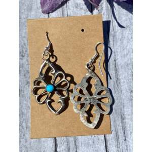 Navajo Kingman Turquoise & Sterling <b>Silver</b> Drop <b>Earrings</b> with Gold Plating Flower-shaped <b>Dangle</b> for Wedding or Gift - Product Image 4