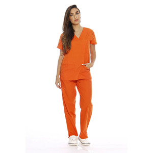 Women's High Quality Orange V Neck Scrub Set Cotton Polyester Hospital Custom Uniforms for Medical Staff - Product Image 1