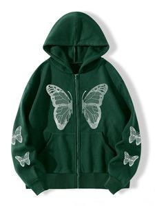 Sudadera con Capucha para Hombre, 100% Algodón, Diseño Personalizado con Estampado de Mariposas, Talla Grande, Bolsillos Holgados, Cierre de Cremallera, Estilo Holgado - Product Image 3