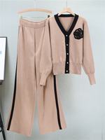 Automne et hiver nouveau décontracté col en v Cardigan haut et mi-long pantalon large couleur unie deux pièces pull ensemble 2025 design