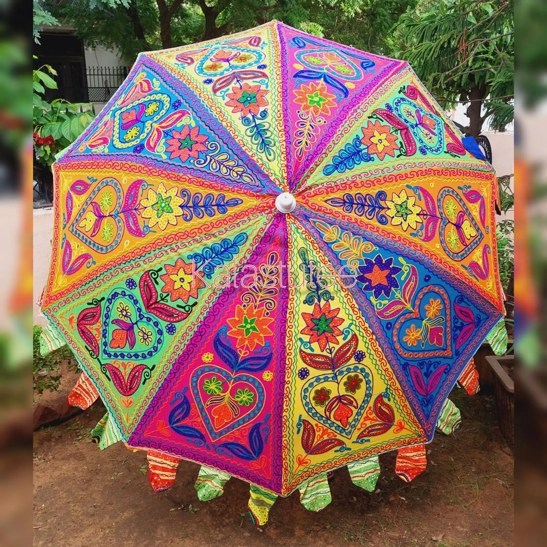 Handmade Rajasthani Print Embroidered Design Decorative Umbrella in Multi Color Ideal for Wedding Function Party Event Decor