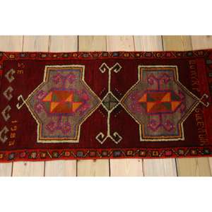 Tapis turc vintage 1,7x3,5 pi (52x108 cm), tapis rouge ombré - Product Image 2