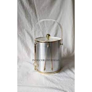 Silver Shiny Polished Stainless Steel Round Shape Custom Ice Bucket Beverage Tub With Gold Plated Tong & Other Items From India - Product Image 1