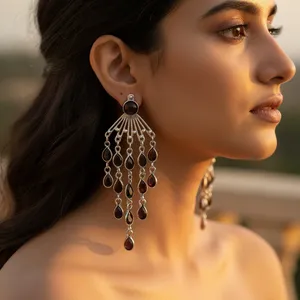 Silver <b>Fashion</b> <b>Chandelier</b> Dangle Drop <b>Earrings</b> with Garnet Elegant Statement Accessory - Product Image 3