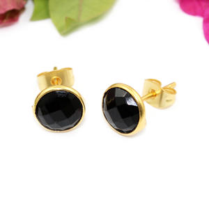 Royal Fashion Blue Topaz Hydro Quartz forma redonda 8 MM 24K chapado en oro bisel Stud pendientes para mujer Joyería Al por mayor fiesta - Product Image 6