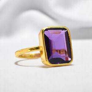 Pierre précieuse améthyste 10x14MM Rectangle Plaqué Or Bague Boho Bague Personnalisable Bijoux Argent 925 Fine Bague Artisanale Vente en Gros - Product Image 2
